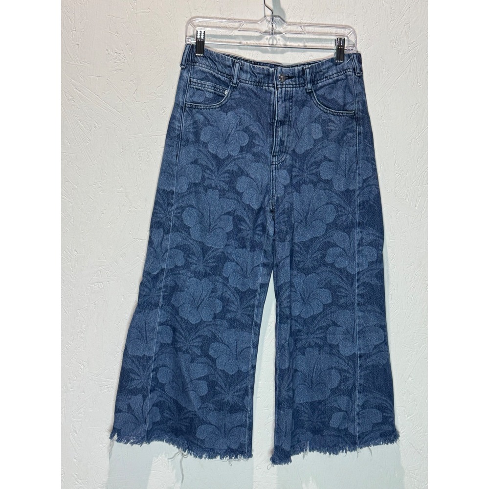 Pilcro Adi Crop Mid-Rise Flare Jeans Blue Floral Hibiscus Print Raw Hem 29 - Picture 2 of 8